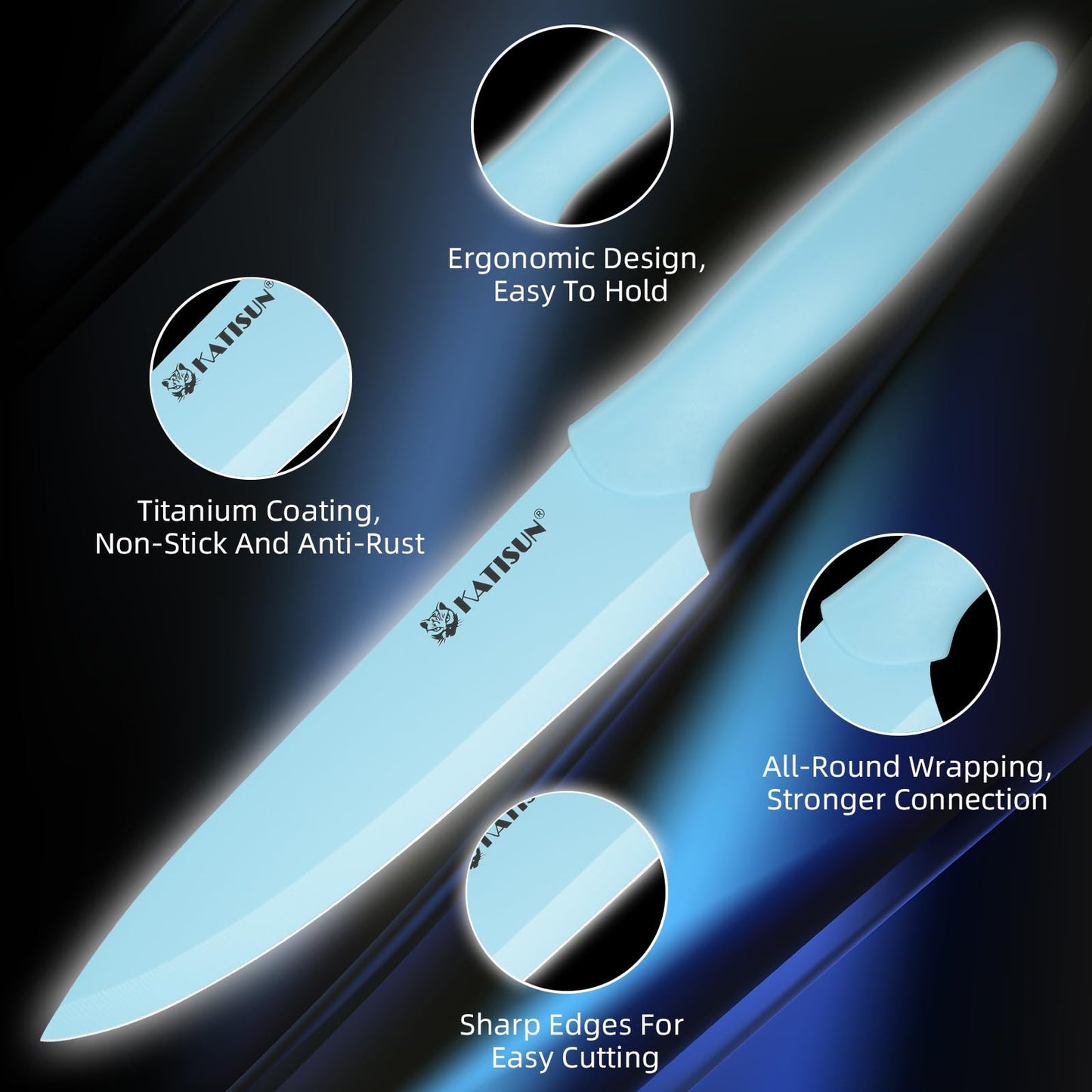 Kitchen Knife Set With Guards, 13 Piece Blue Non-Stick Stainless Steel Boxed Knives Set, Anti-Rust And Dishwasher Safe, 6 Knives With 6 Blade Covers And Kitchen Shears