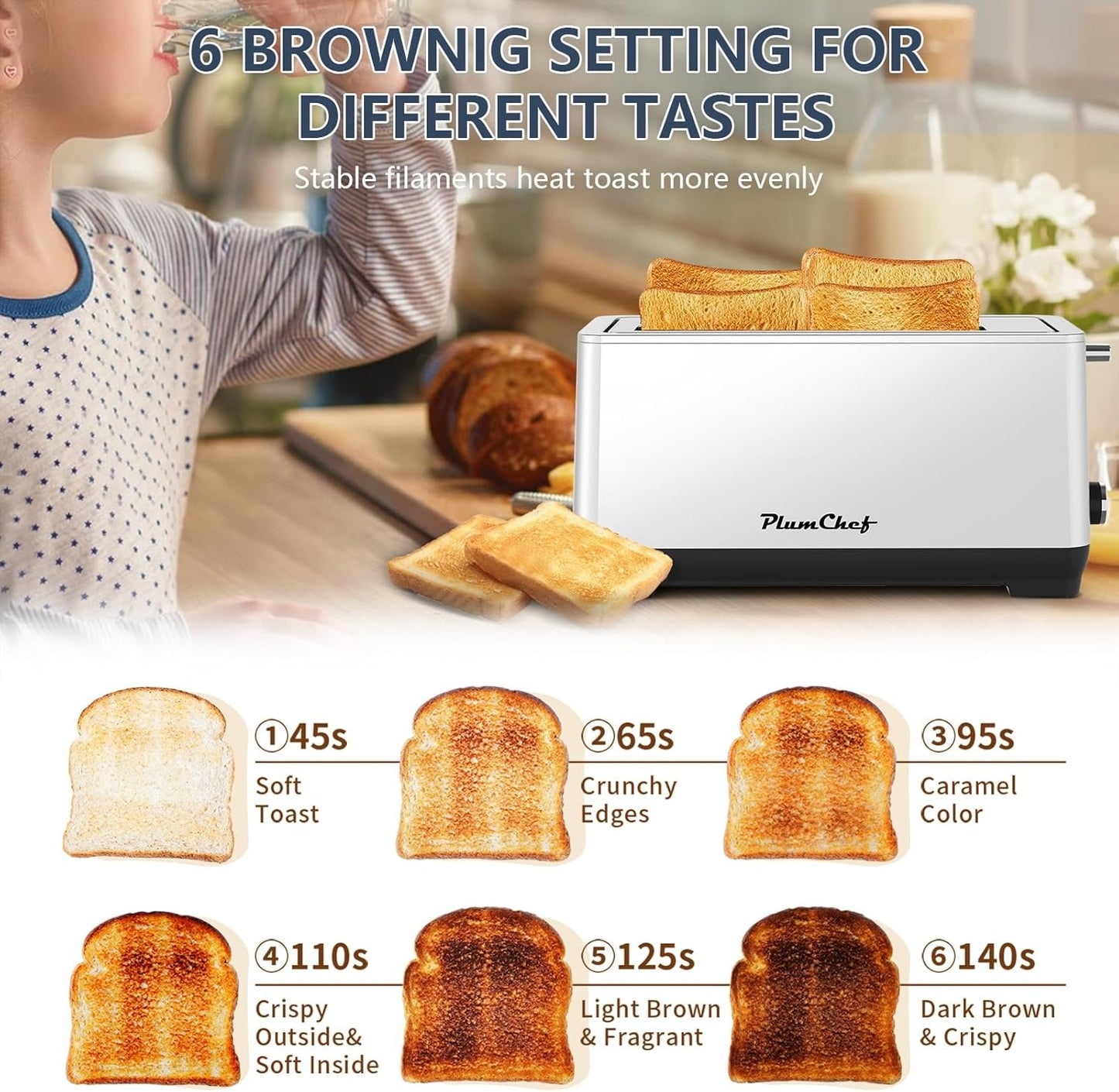 4-Slice Toaster, Extra Wide Long Slot Toaster, 6 Settings, Bagel, Defrost, Reheat, Removable Crumb Tray, Stainless Steel Housing, Silver, Amazon Resale Prohibited