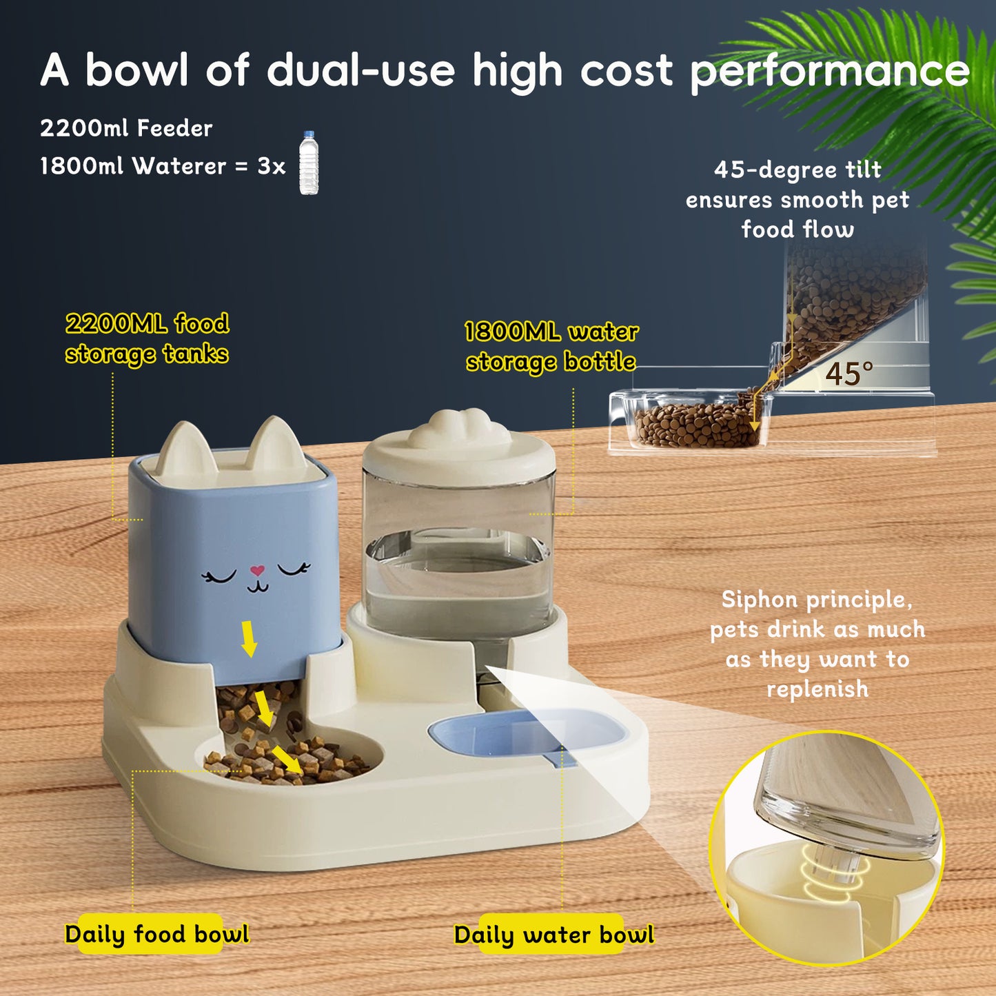 Super Cute Appearance Pet Feeding And Drinking Device, Cleverly Designed With Dry And Wet Separation, Automatic Water Addition, Universal For Cats And Dogs, Easily Solves Feeding Problems, And Makes P