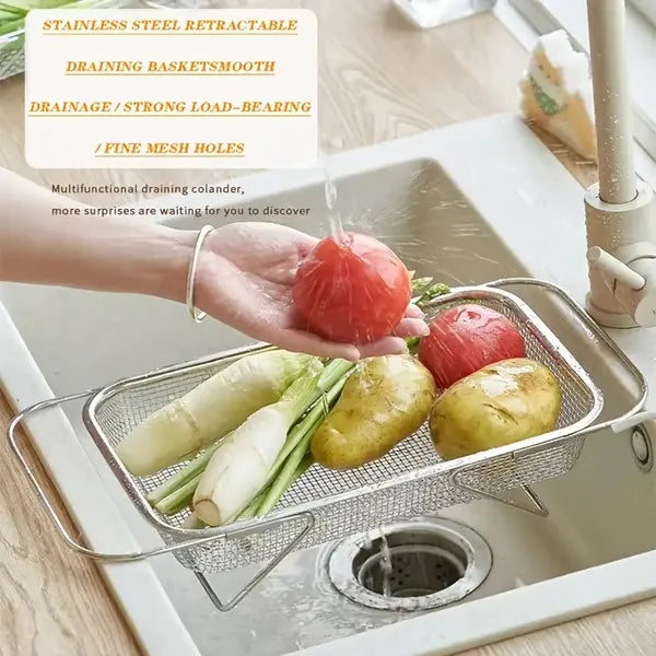Expandable Stainless Steel Kitchen Sink Drain Basket - Adjustable Dish, Bowl & Cutlery Washing Rack With Space-Saving Design, Drains Forks, Knives, Fruits & Vegetables, Durable & Easy-Clean