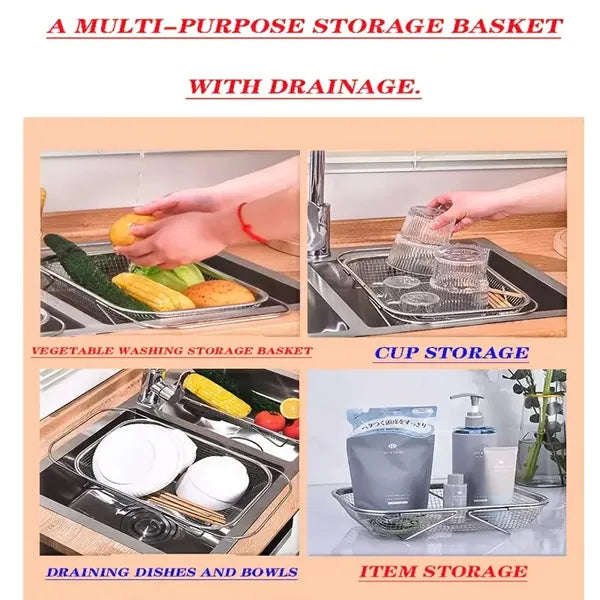 Expandable Stainless Steel Kitchen Sink Drain Basket - Adjustable Dish, Bowl & Cutlery Washing Rack With Space-Saving Design, Drains Forks, Knives, Fruits & Vegetables, Durable & Easy-Clean