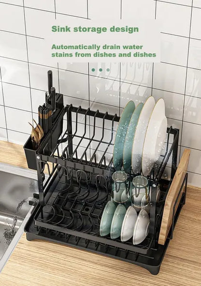 Multifunctional Dish Rack, Rustproof Kitchen Dish Drying Rack With Drainboard, Space-Saving 2-Tier Dish Drying Rack With A Large Capacity For Kitchen Counter Black