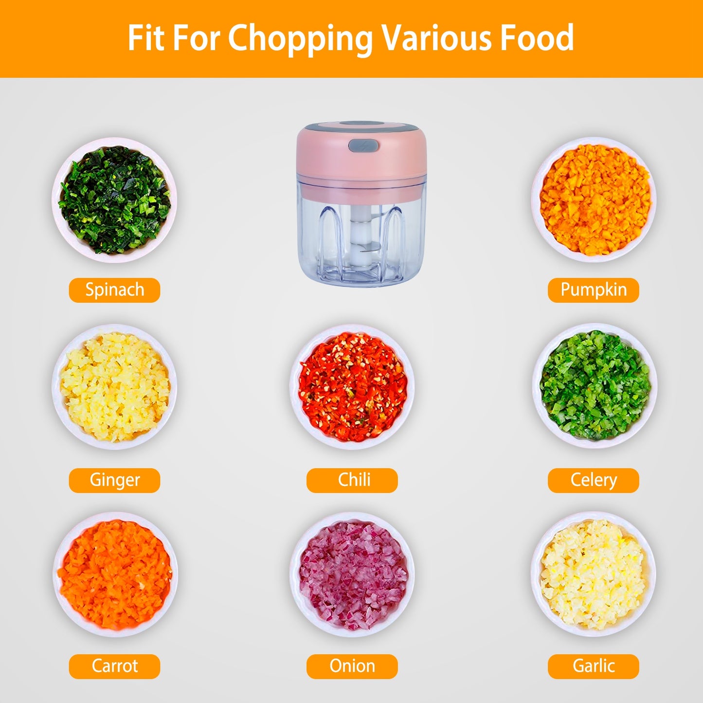 Mini Electric Garlic Chopper 8.45OZ Cordless Garlic Mincer Food Chopper Rechargeable Food Blender Chili Nut Onion Pepper Meat Ginger Food