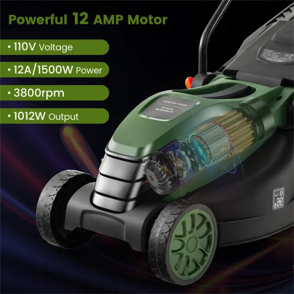 12 Ampere 13.5 Inch Electric Rope Lawn Mower With Dual Safety Switches -Green