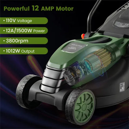 12 Ampere 13.5 Inch Electric Rope Lawn Mower With Dual Safety Switches -Green