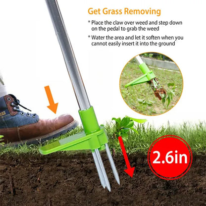 Weed Puller Twister Stand Up Root Removal Hand Tool 3 Claws Aluminum Grass Manual Remover 38.98in Long Handle With Foot Pedal