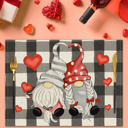 Valentines Day Placemats Set Of 4, 17x12.5 Inches With Gnomes And Hearts Pattern For Holiday Parties And Family Gatherings Clearance Sale