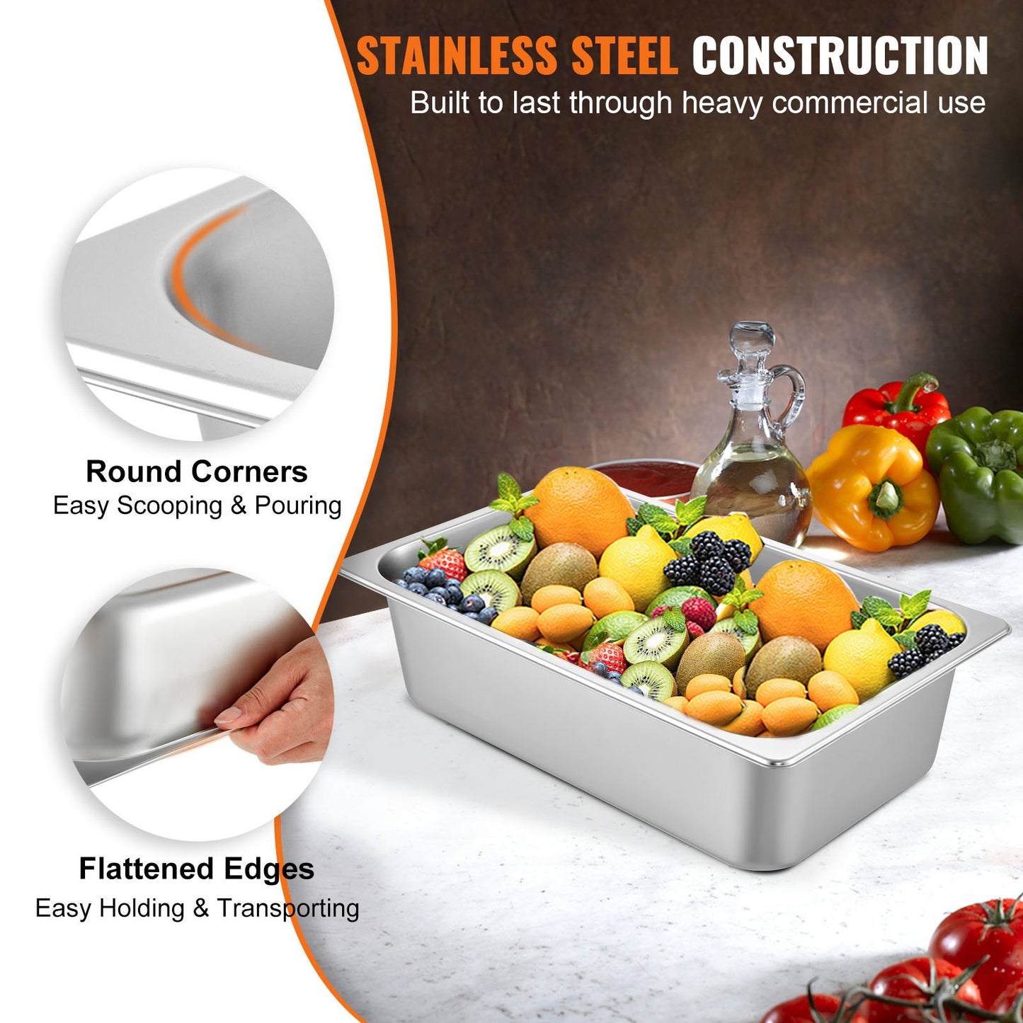 6 Pack Steam Table Pans 20.9 X 12.8 X 5.9 Inch Deep Steam Table Pan Full Size 20.5L Deep Food Container Stainless Steel Oven Tray Hotel Pans Anti-Jam Steam Table Food Pan
