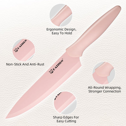 Kitchen Knife Set With Block, 14 Piece Pink Non-Stick Paint Coating Stainless Steel Knives Set, Anti-Rust And Dishwasher Safe, 12 Knives With Kitchen Shears And Block Pink