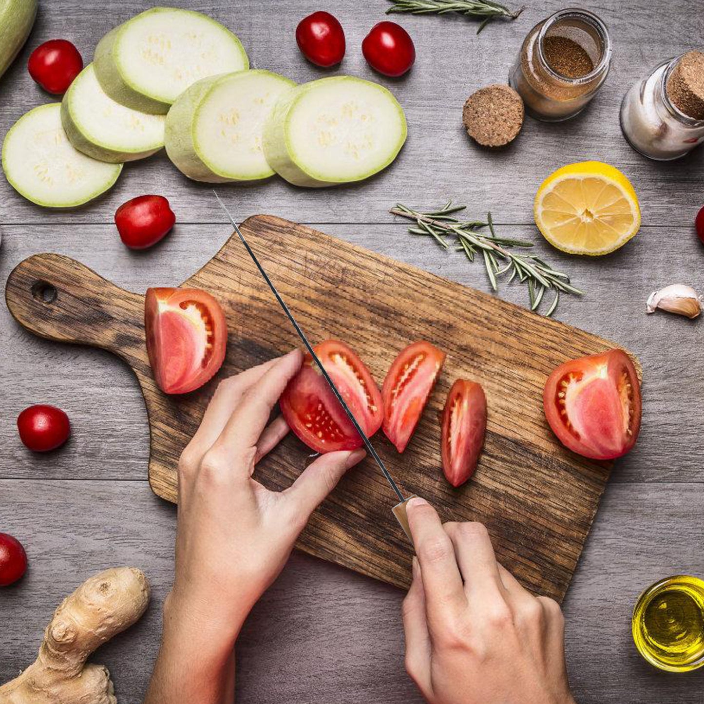 Professional Kiritsuke Santoku Chef Knife, 9 Inch Japanese Chef Knife, German High Carbon Stainless Steel EN1.4116 Chef Knife Meat & Sushi Knife Kitchen Knife With Sheath & Case