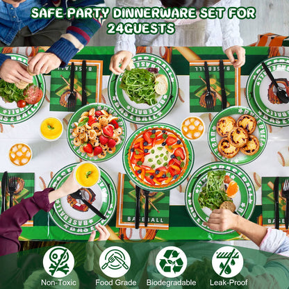 171Pcs Baseball Party Supplies Kit Baseball Birthday Party Disposable Dinnerware Set Baseball Themed Party Tableware Decorations Cups Plates Napkins Spoons Knives Forks Tableclothes