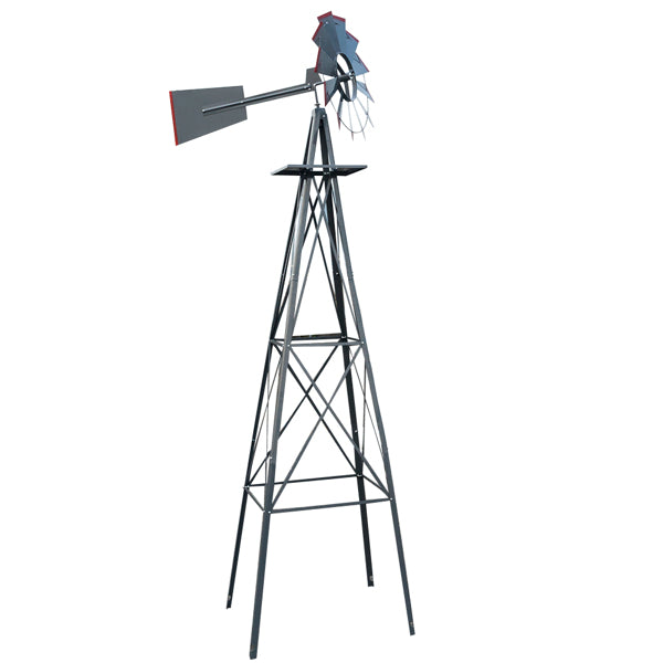 Grey And Red With Wind Vane, 4-pod Standing Windmill