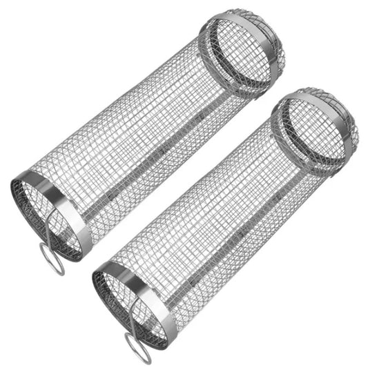 2Pcs 3.42x11.61Inch Portable BBQ Rolling Basket Round Stainless Steel Grill Mesh Barbecue Net Tube With Removable Cover Outdoor Camping