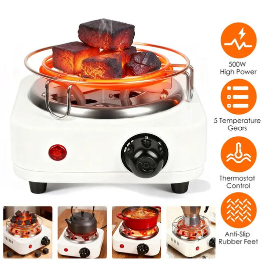 Electric Charcoal Burner 500W Hookah Charcoal Burner Compact Coal Burner For Hooka Cubes Shisha With Grill And Tongs 5 Temperature Gears Thermostat Control