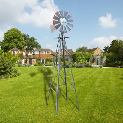 Grey And Red With Wind Vane, 4-pod Standing Windmill