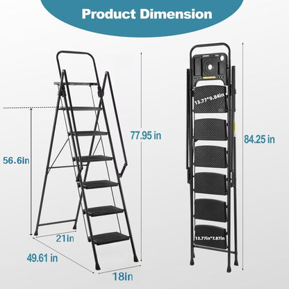 6-Step Folding Ladder, Portable Steel Stool For Home And Workshop