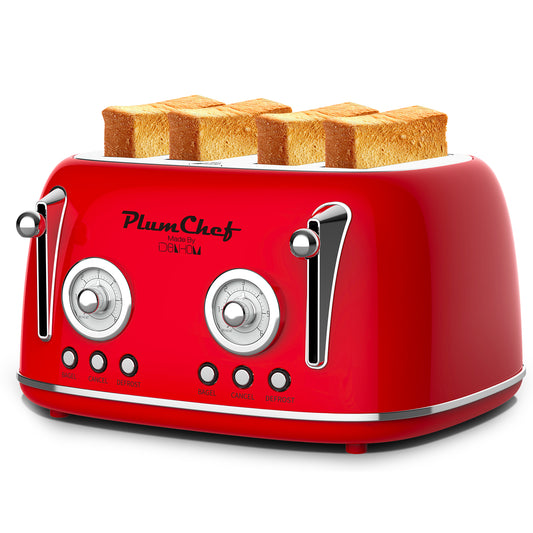 4 Slice Retro Toaster, Dual Control Toaster, 6 Settings, Bagel, Defrost, Removable Crumb Tray, Stainless Steel Housing, 1650W, Red, Amazon Resale Prohibited