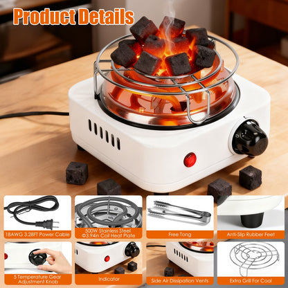 1Pc Electric Charcoal Burner 500W Hookah Charcoal Burner Compact Coal Burner For Hooka Cubes Shisha With Grill And Tongs 5 Temperature Gears Thermostat Control