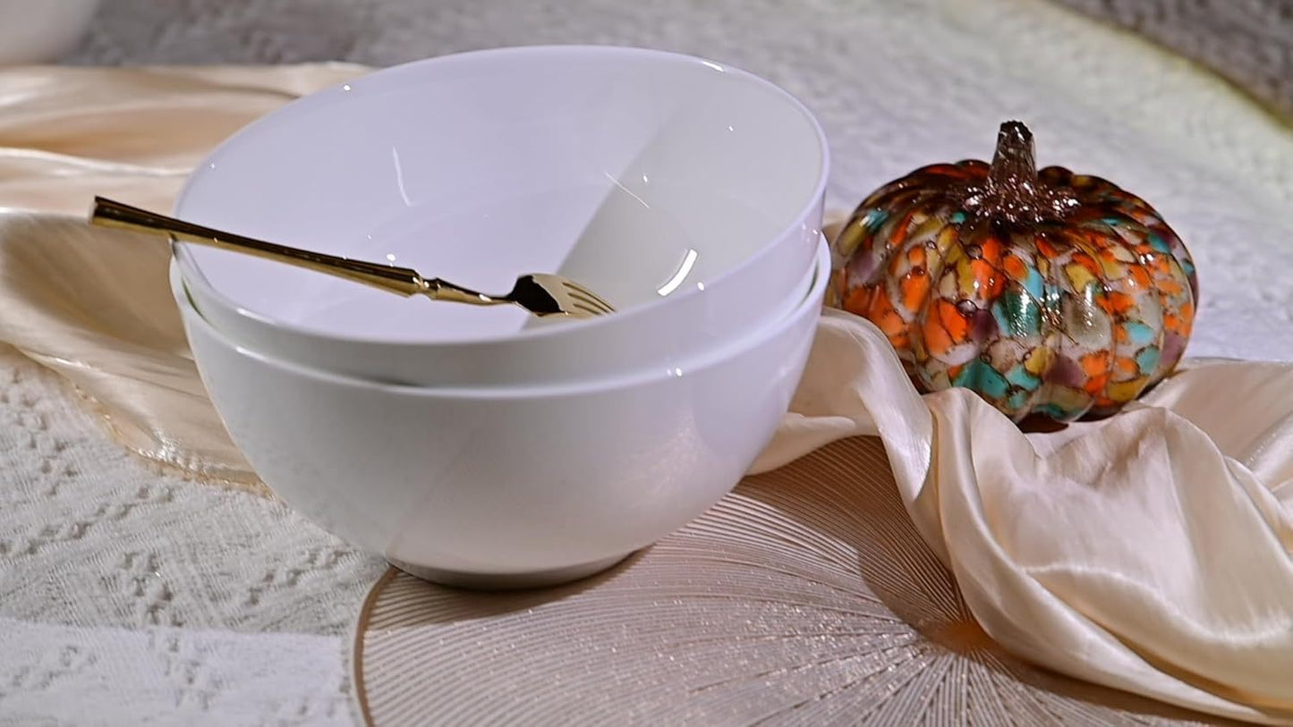Lily Bone China Dinnerware Set, 2 Pieces, 8-inch White Large Deep Ceramic, Soup, Cereal, Oatmeal, Fruit, Rice Bowl, Plates, Dishes