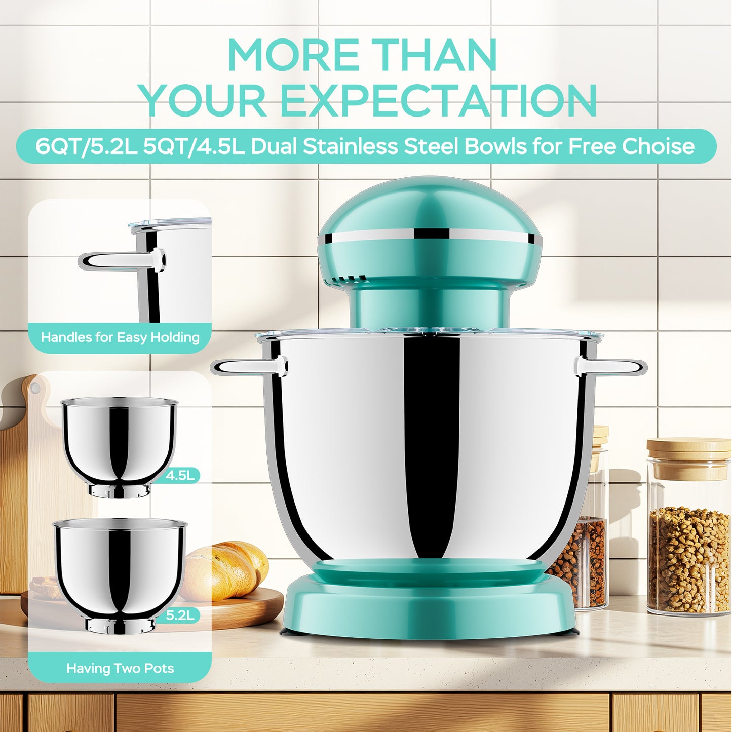 6QT & 5QT Dual Bowls Stand Mixer, 10 Speed Tilt-Head, Electronic Timer, Dough Mixer, Dishwasher Safe Stainless Steel Bowls, Dough Hook, Flat Beater, Whisk For Baking, Blue, Amazon Resale Prohibited