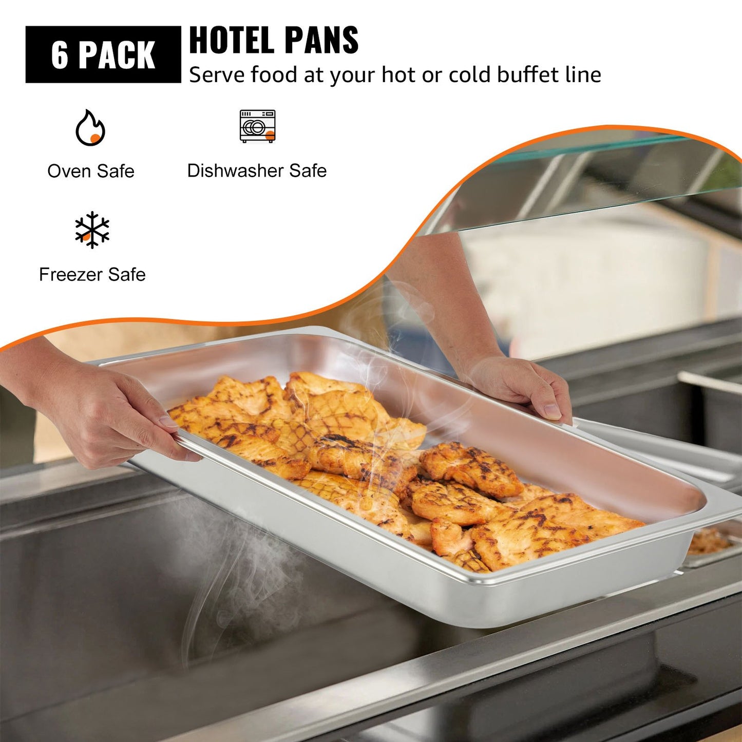 6 Pack Steam Table Pans 20.9 X 12.8 X 2.6 Inch Deep Steam Table Pan Full Size 8.5L Deep Food Container Stainless Steel Oven Tray Hotel Pans Anti-Jam Steam Table Food Pan