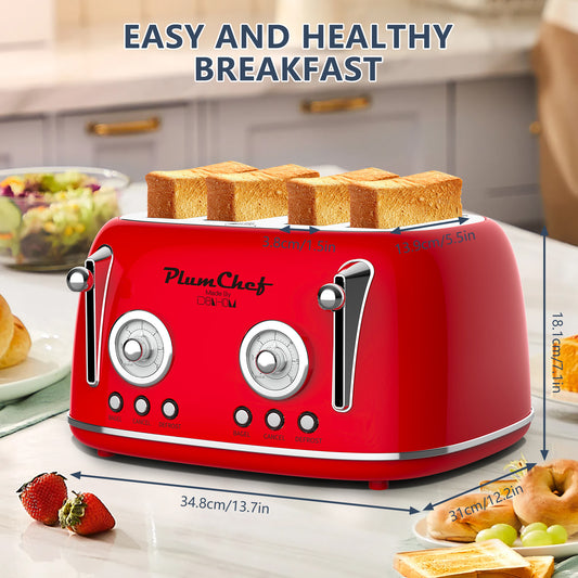 4 Slice Retro Toaster, Dual Control Toaster, 6 Settings, Bagel, Defrost, Removable Crumb Tray, Stainless Steel Housing, 1650W, Red, Amazon Resale Prohibited